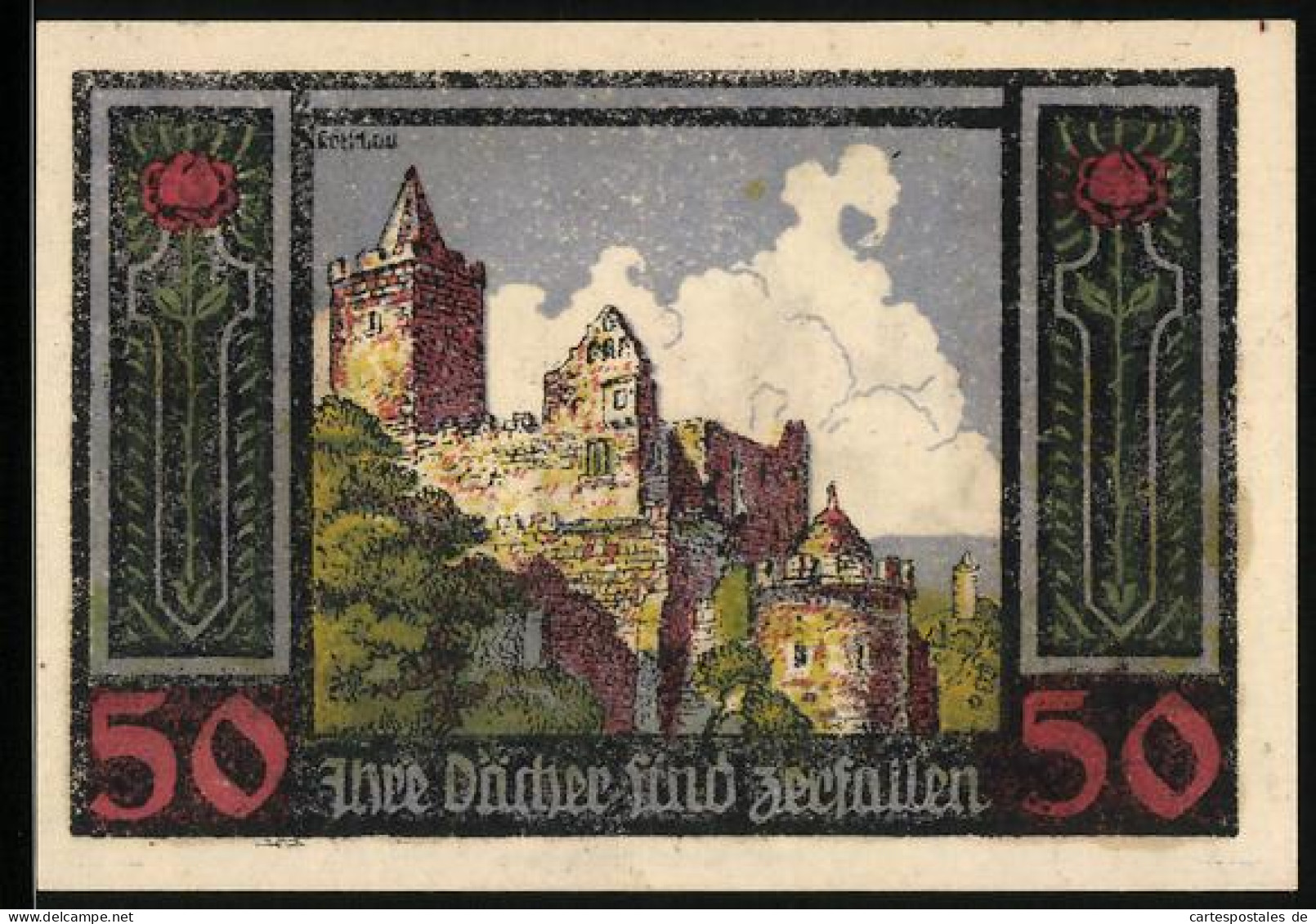 Notgeld Kösen / Saale, 50 Pfennig, Burgruine Rudelsburg Und Ihre Zerfallenen Dächer  - [11] Local Banknote Issues