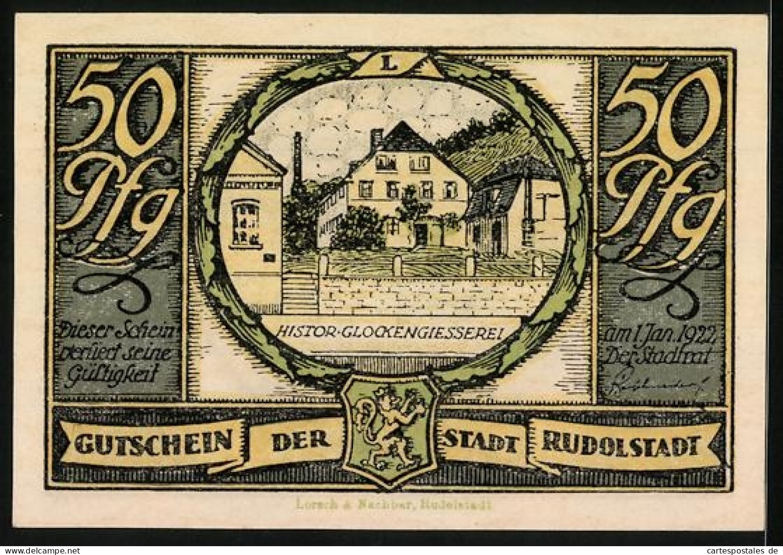 Notgeld Rudolstadt, 50 Pfennig, Brand Der Kirche, Glockengiesserei  - [11] Emisiones Locales