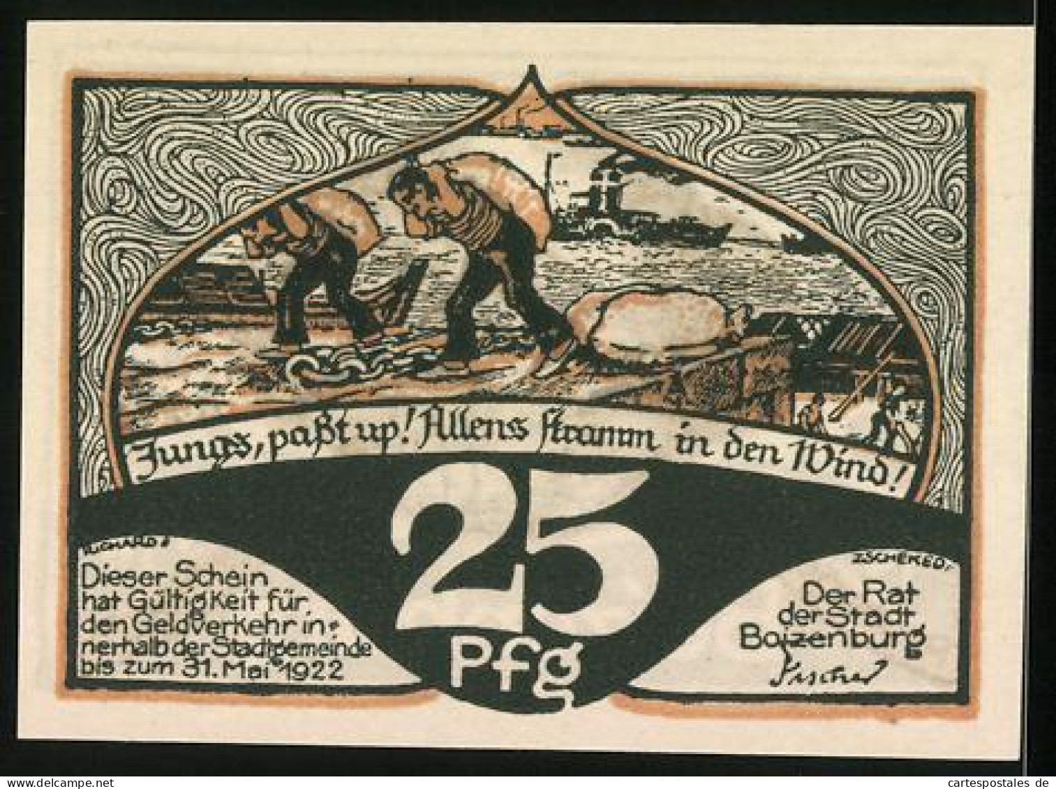 Notgeld Boizenburg 1922, 25 Pfennig, Ortspartie, Hafenarbeiter Schleppen Säcke  - [11] Emisiones Locales