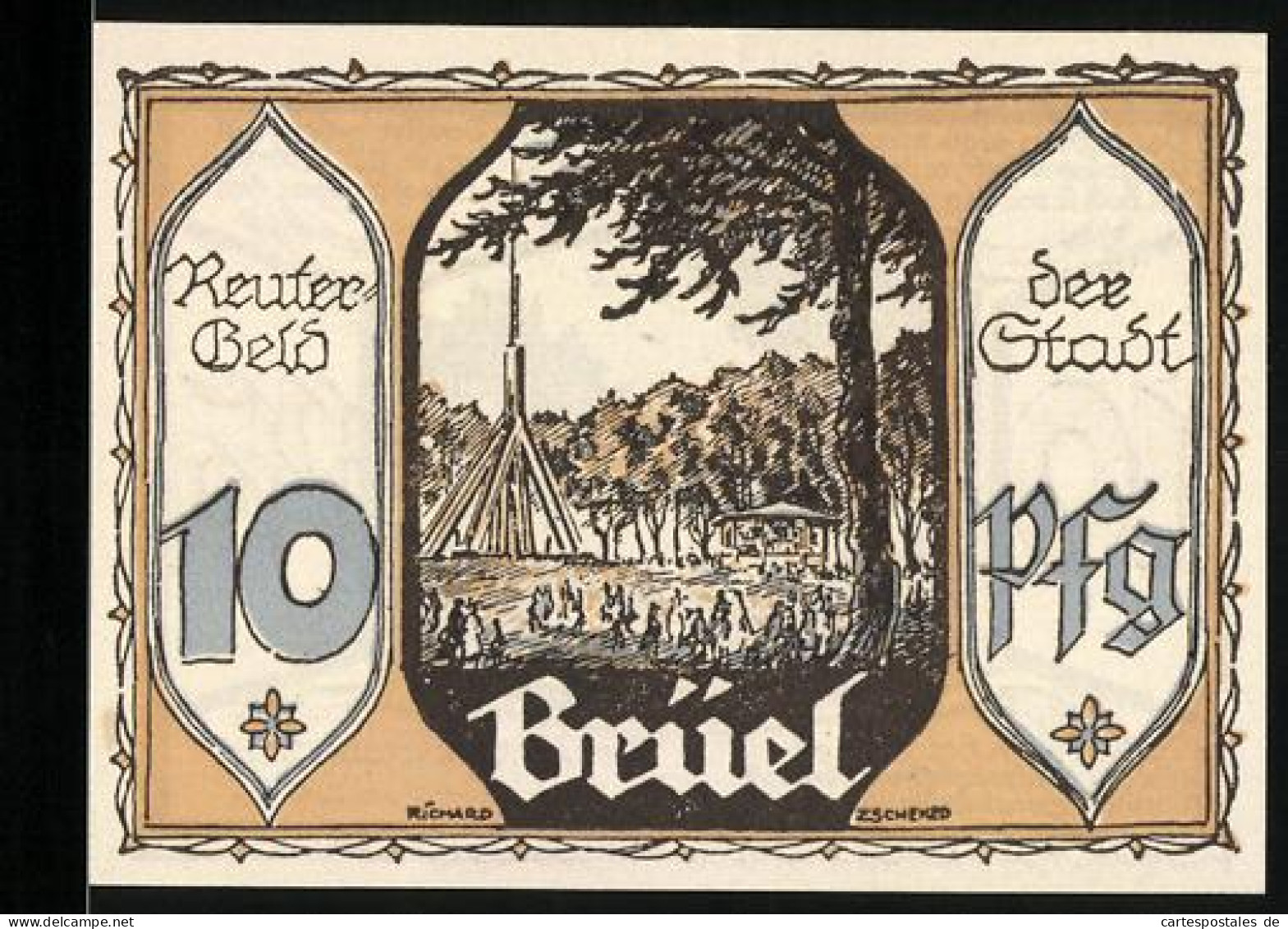 Notgeld Brüel 1922, 10 Pfennig, Ortspartie, Gänsehirtin  - Lokale Ausgaben