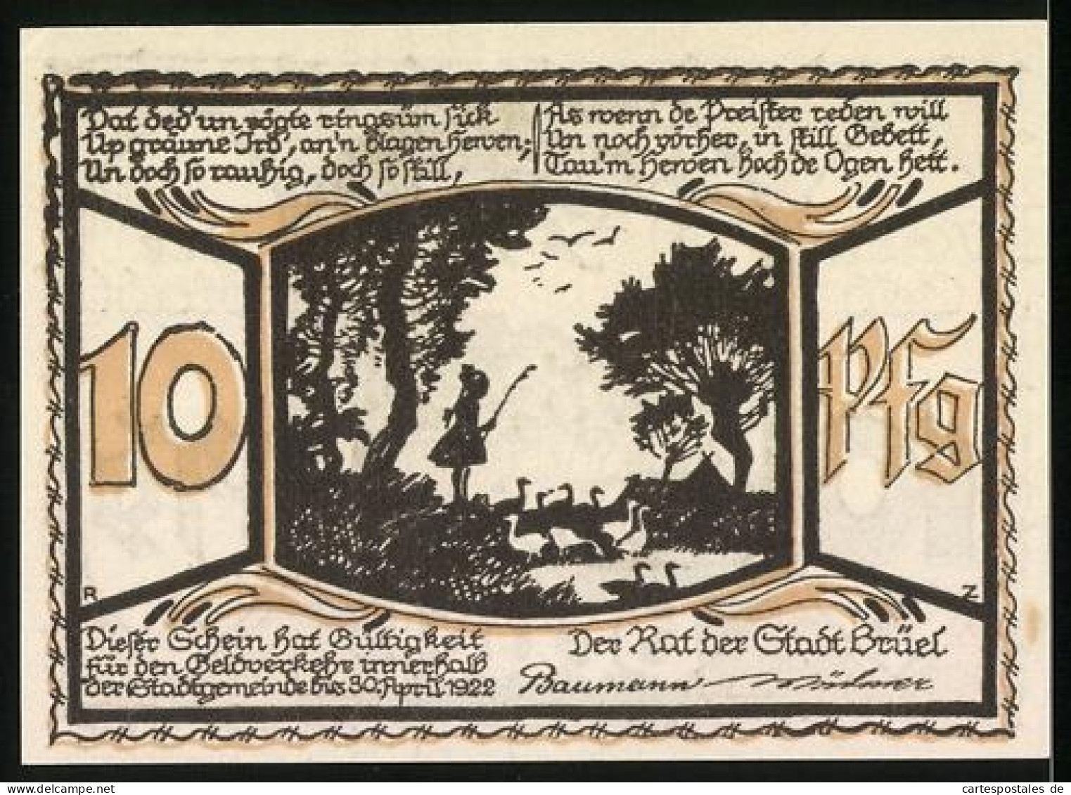 Notgeld Brüel 1922, 10 Pfennig, Ortspartie, Gänsehirtin  - [11] Emissions Locales