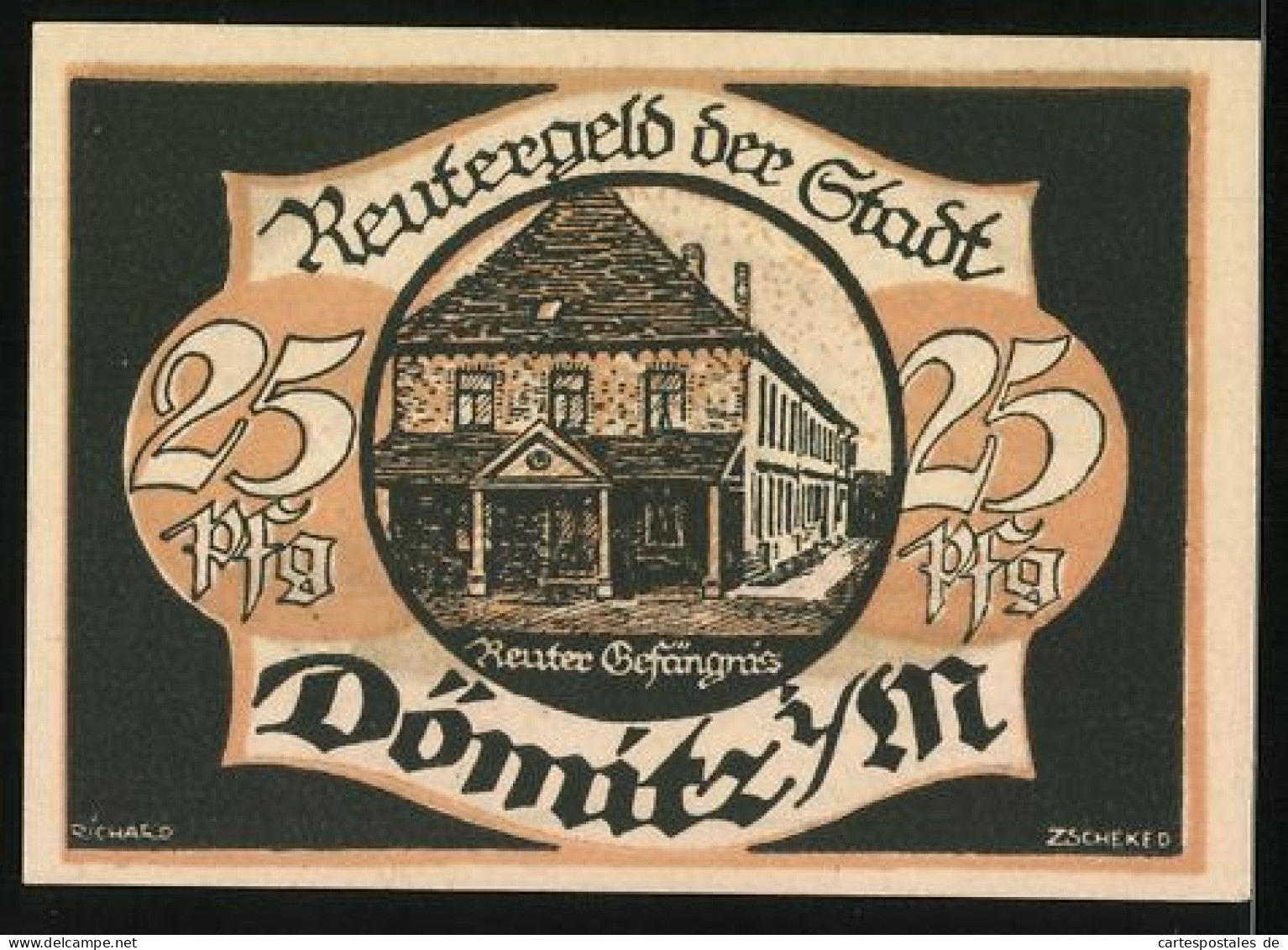 Notgeld Dömitz, 25 Pfennig, Bauernpaar Sitzt An Garben, Reuter-Gefängnis  - Lokale Ausgaben