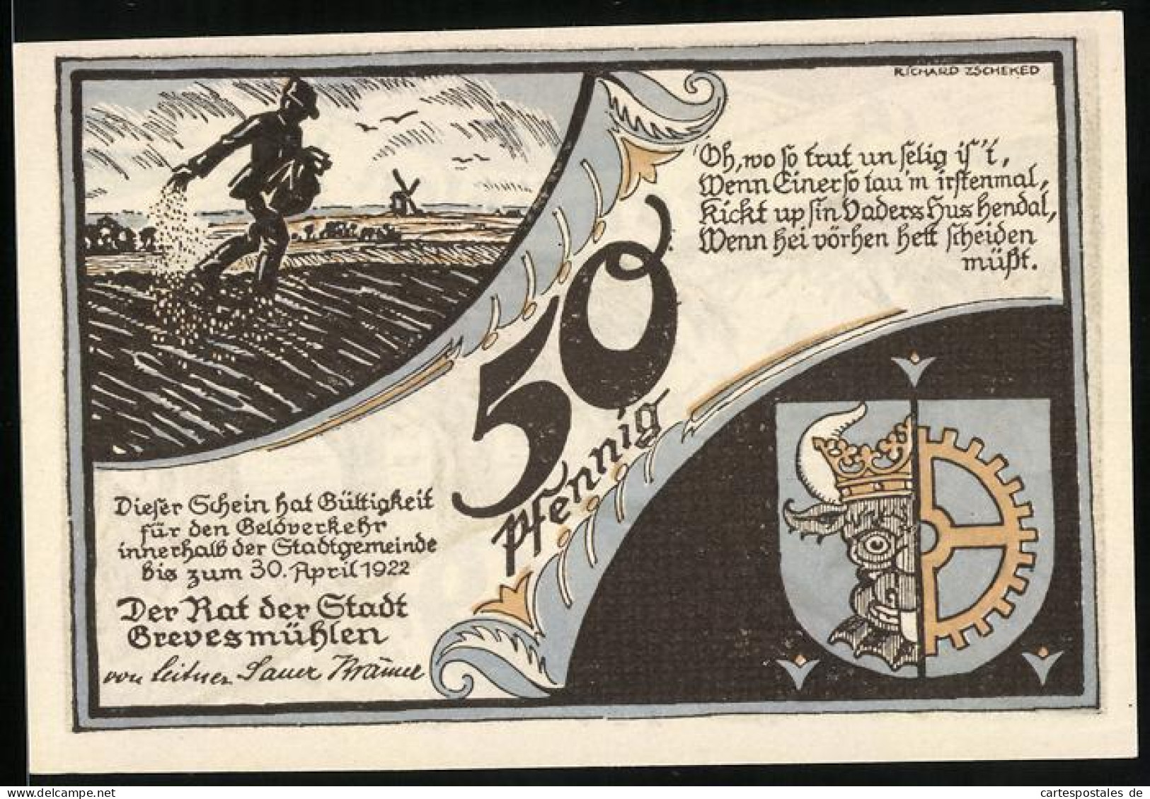 Notgeld Grevesmühlen 1922, 50 Pfennig, Bauer Bei Der Aussaat, Im Hintergrund Windmühle, Wappen  - [11] Local Banknote Issues