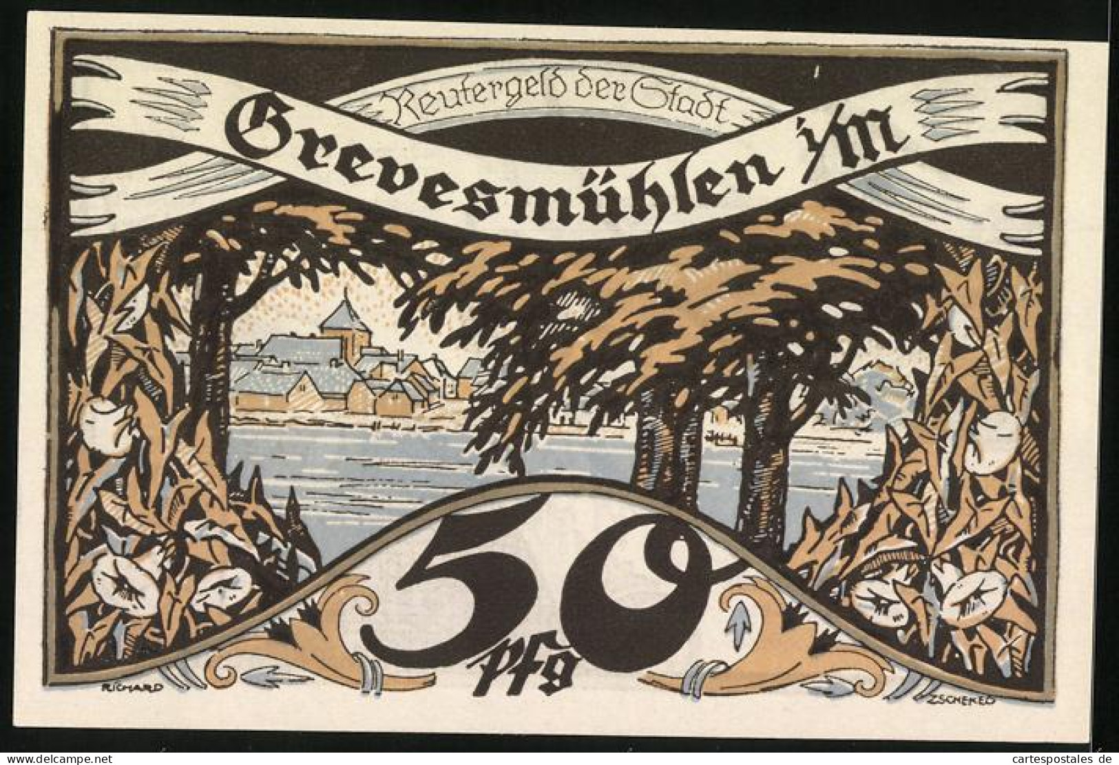 Notgeld Grevesmühlen 1922, 50 Pfennig, Bauer Bei Der Aussaat, Im Hintergrund Windmühle, Wappen  - [11] Local Banknote Issues