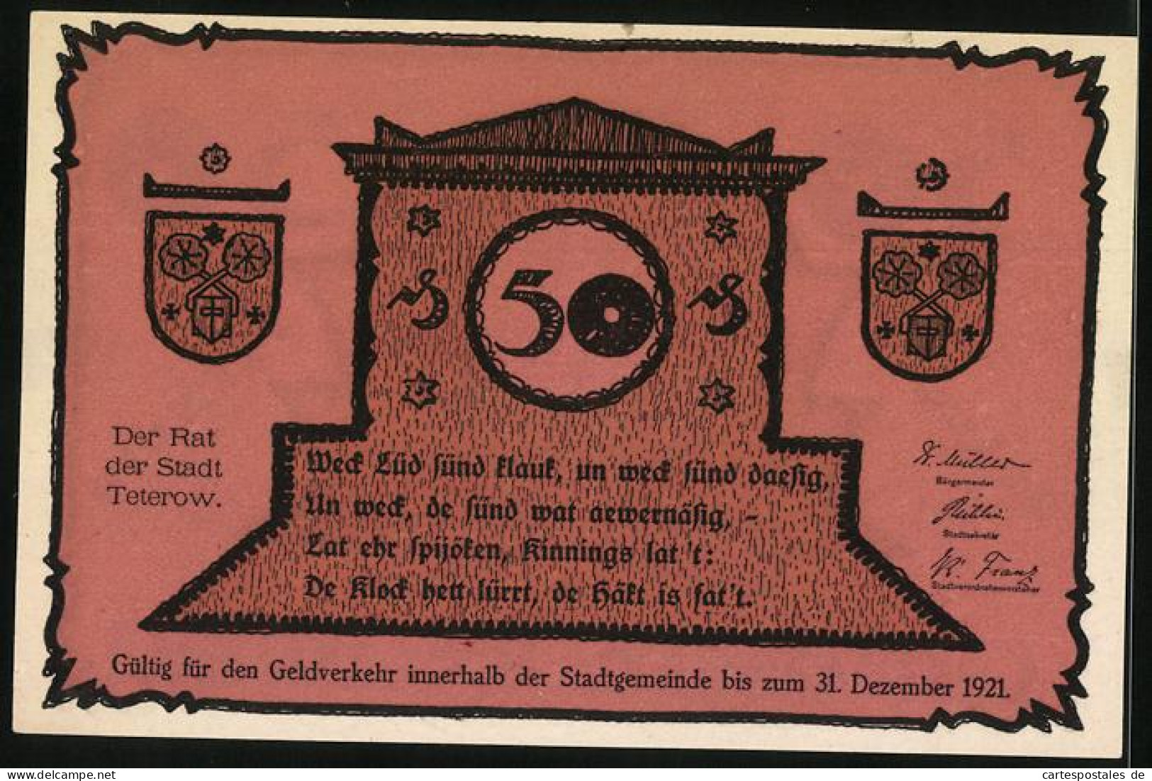 Notgeld Teterow 1921, 50 Pfennig, Brunnen, Wappen  - [11] Local Banknote Issues