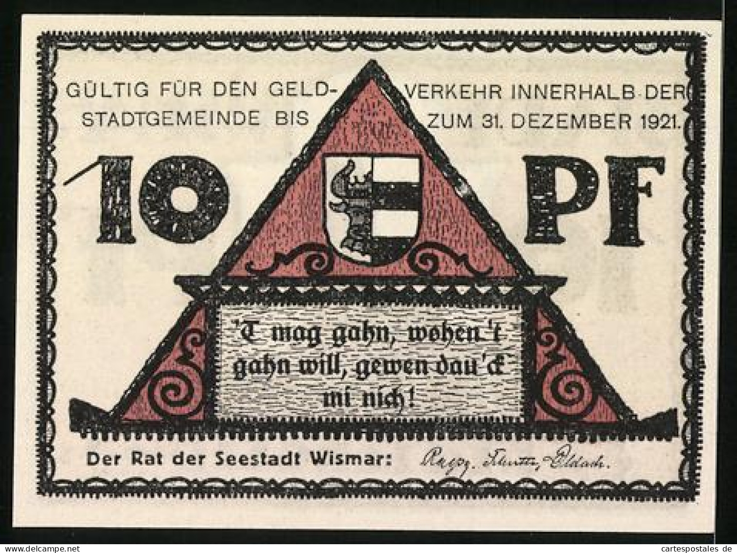 Notgeld Wismar 1921, 10 Pfennig, Kirche, Wappen  - Lokale Ausgaben