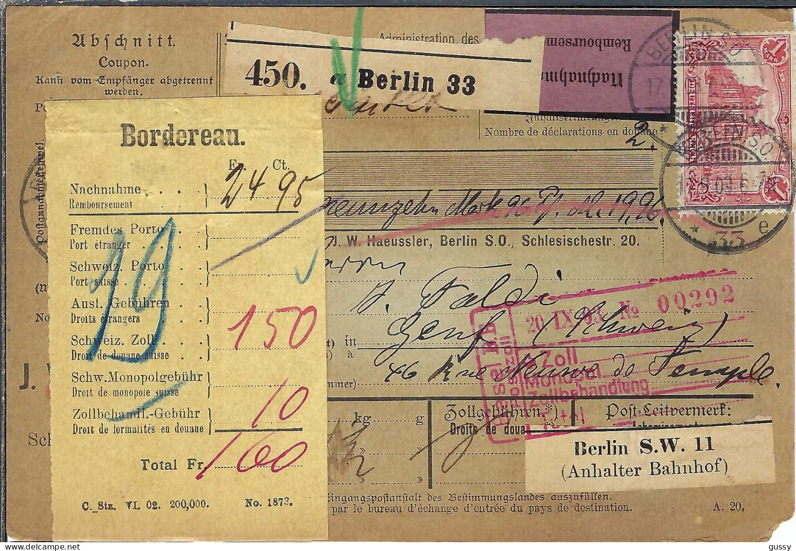 ALLEMAGNE Ca.1903: Bulletin D'Expédition CR De Berlin Pour Genève (Suisse) - Briefe U. Dokumente