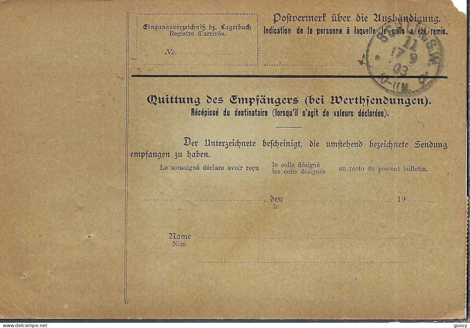 ALLEMAGNE Ca.1903: Bulletin D'Expédition CR De Berlin Pour Genève (Suisse) - Covers & Documents