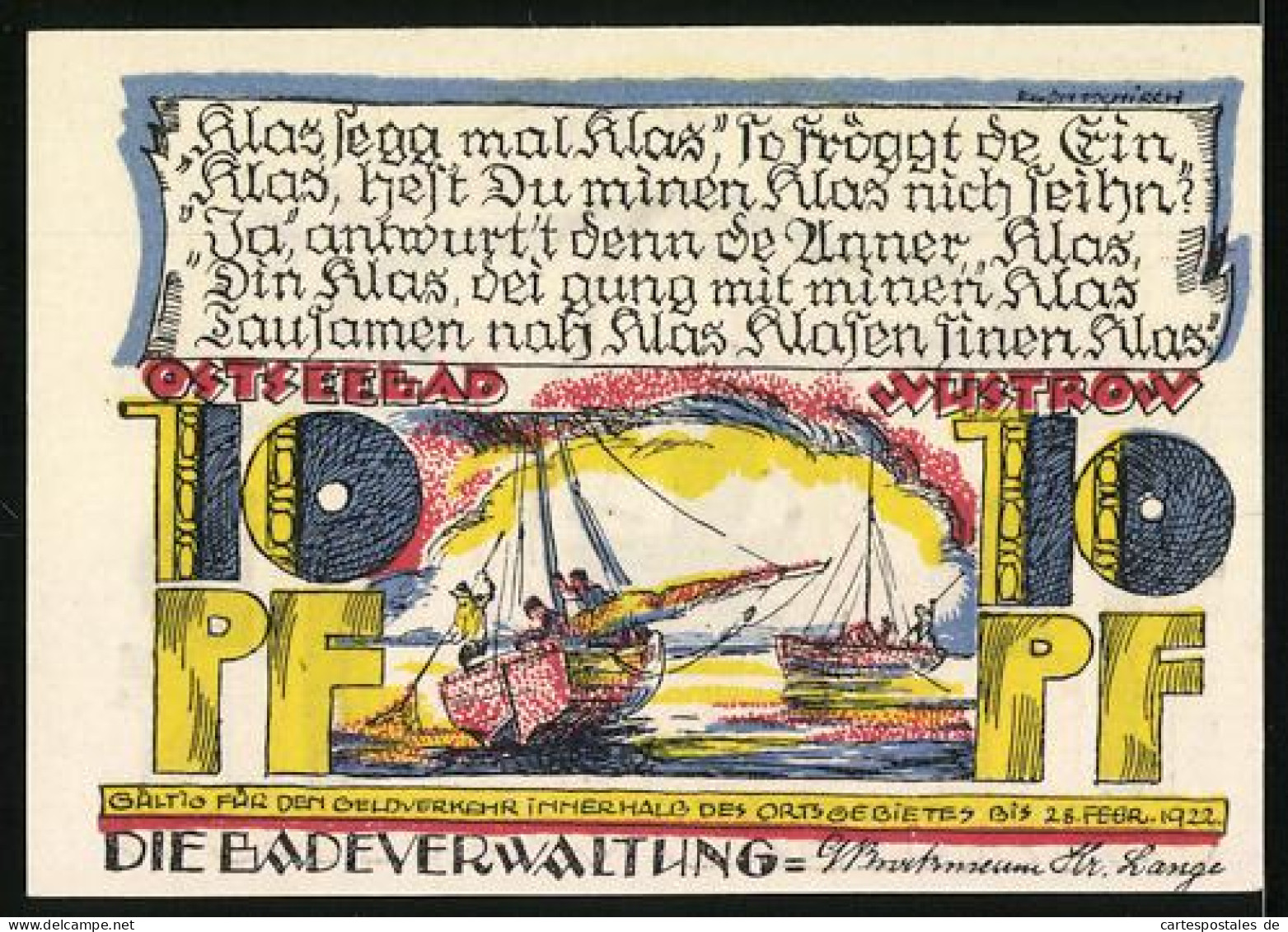 Notgeld Wustrow /Ostsee 1922, 10 Pfennig, Segelschiff  - [11] Local Banknote Issues