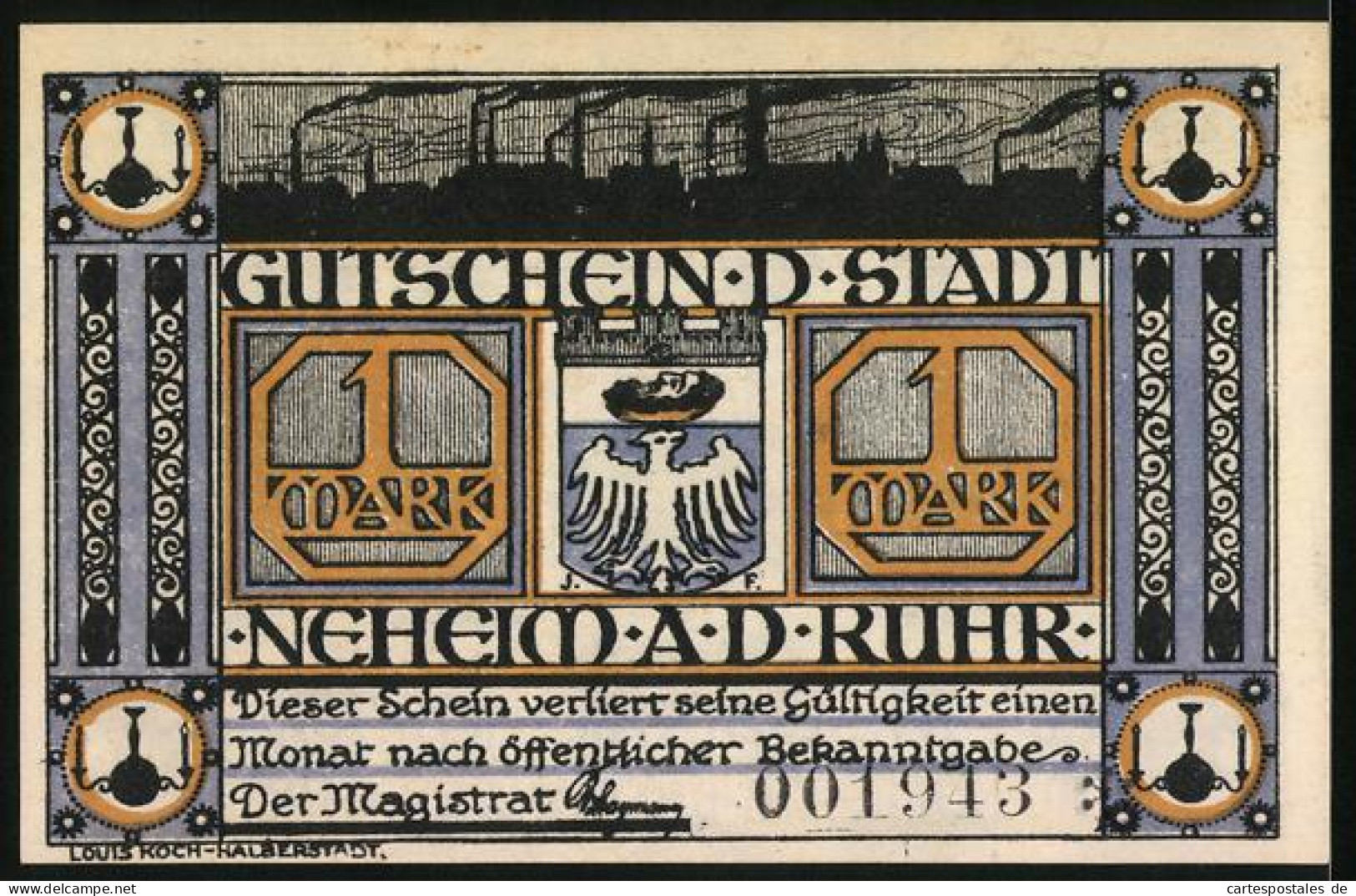 Notgeld Neheim /Ruhr, 1 Mark, Wappen, Industriepanorama, BeleuchtetesFabrikgebäude  - Lokale Ausgaben