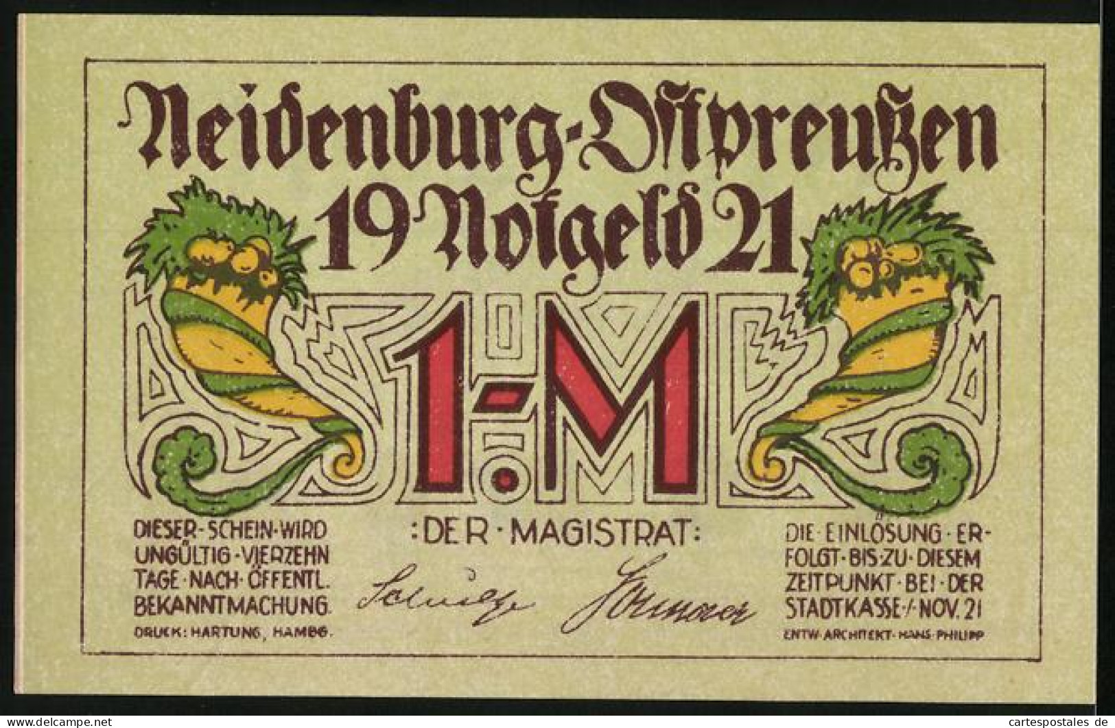 Notgeld Neidenburg /Ostpreussen 1921, 1 Mark, Füllhörner, Marktbild Im Zeichen Des Wiederaufbaus (Konsumverein)  - [11] Emissions Locales