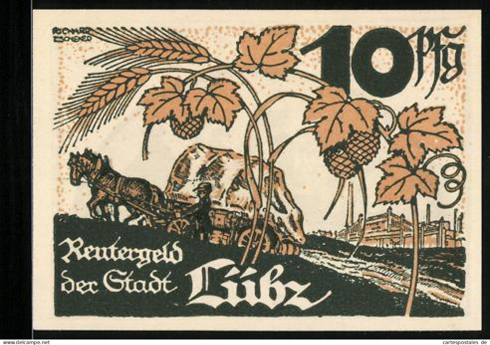 Notgeld Lübz I. M. 1922, 10 Pfennig, Planwagen Und Fabrik, Bauern Mit Sensen  - Lokale Ausgaben