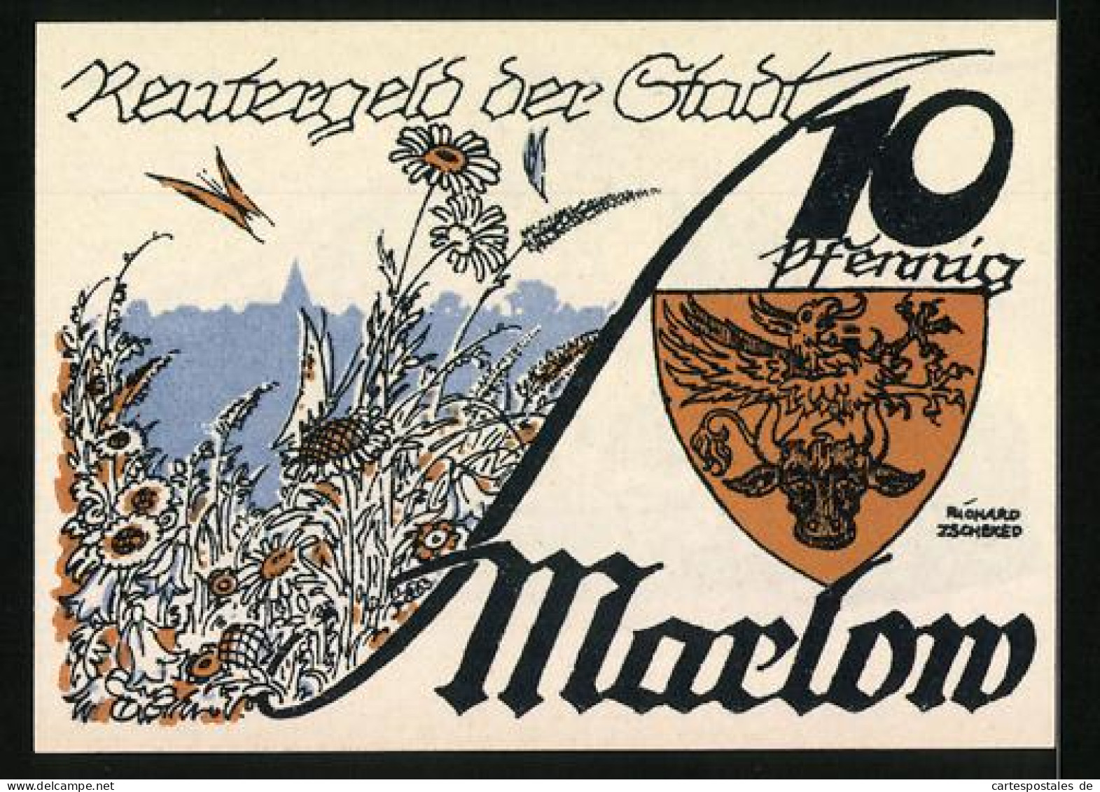 Notgeld Marlow I. M. 1922, 10 Pfennig, Bärenjagd: Bürger Beim Bier, Wappen, Blumen  - [11] Emissions Locales