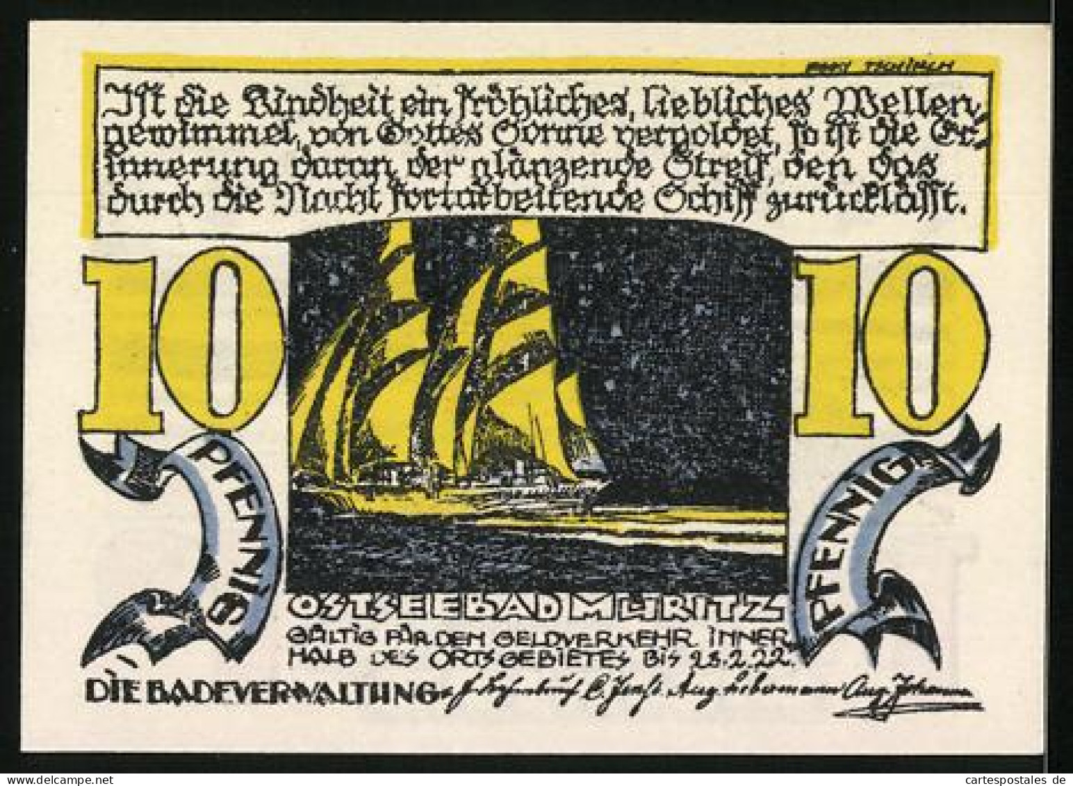 Notgeld Müritz /Ostsee 1922, 10 Pfennig, Segelschiff, Boot Am Meer  - Lokale Ausgaben