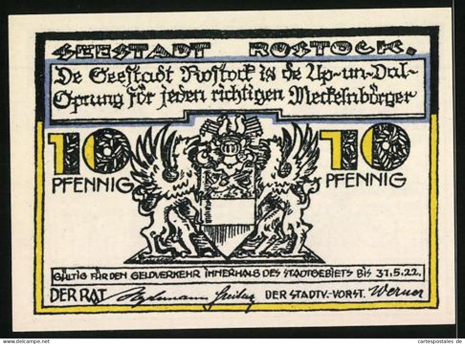 Notgeld Rostock 1922, 10 Pfennig, Ortspartie, Wappen  - [11] Local Banknote Issues
