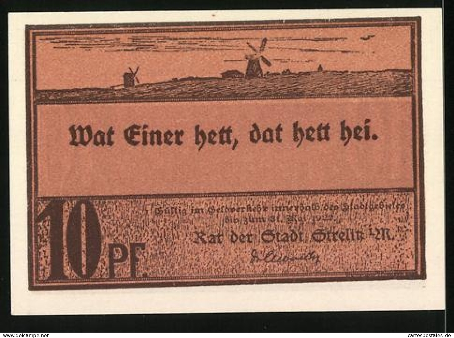 Notgeld Strelitz I. M. 1922, 10 Pfennig, Strassenpartie, Windmühle  - [11] Emisiones Locales