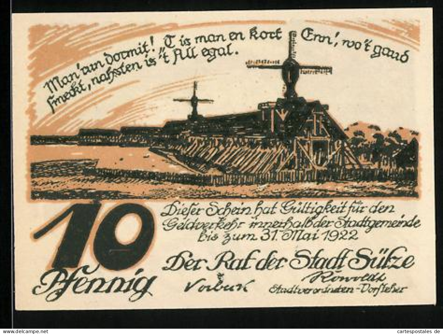 Notgeld Sülze 1922, 10 Pfennig, Panorama Mit Windmühlen, Gebäudeansicht  - [11] Emissions Locales