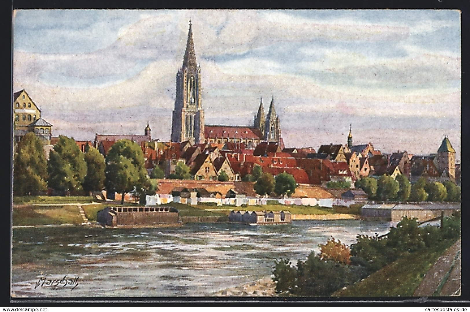Künstler-AK Vinzenz Marschall: Ulm An Der Donau, Blick über Den Fluss Zum Dom  - Other & Unclassified