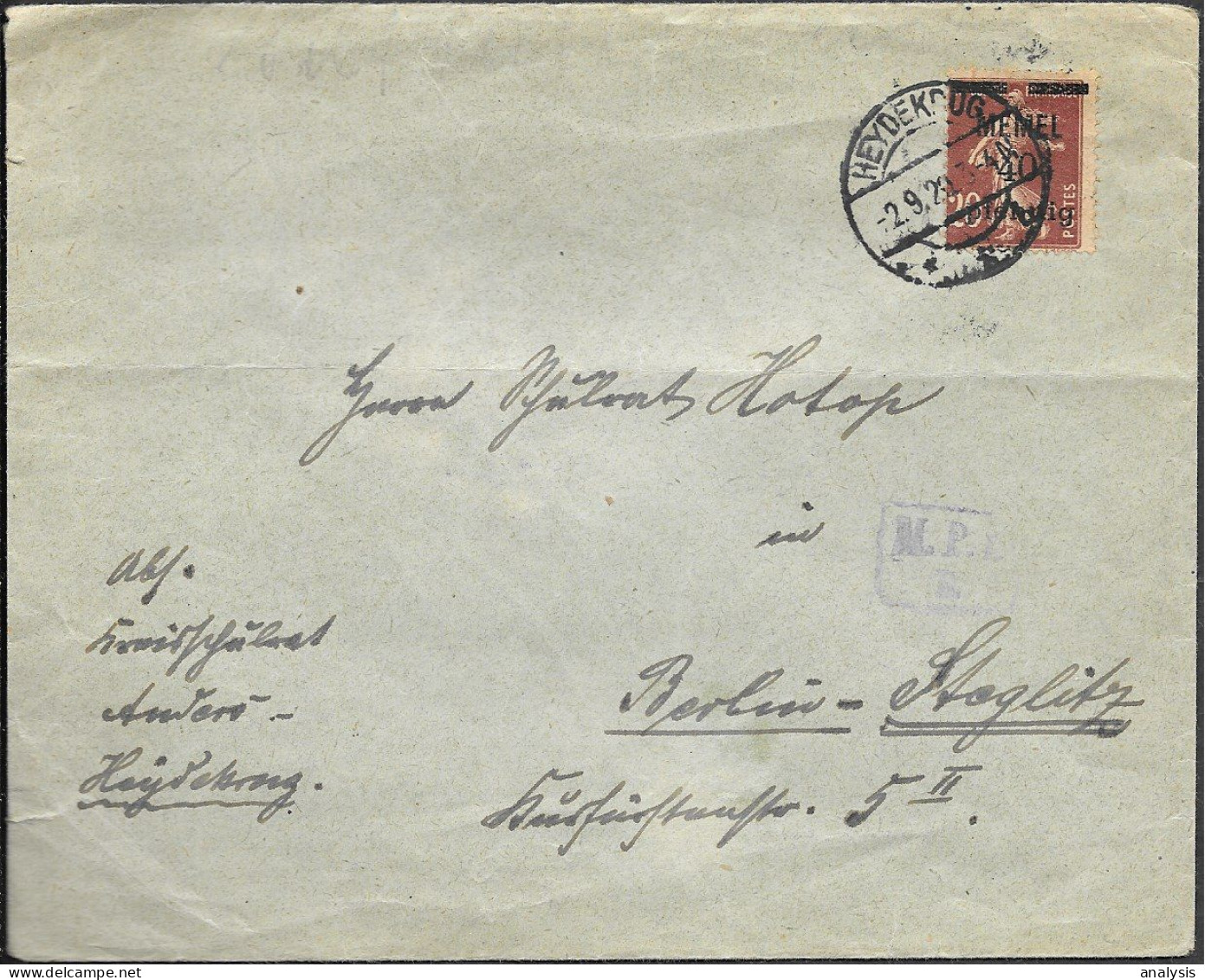 Germany Memel Heydekrug Cover Mailed To Berlin 1920. Ostpreussen Patriotic Label - Memelland 1923