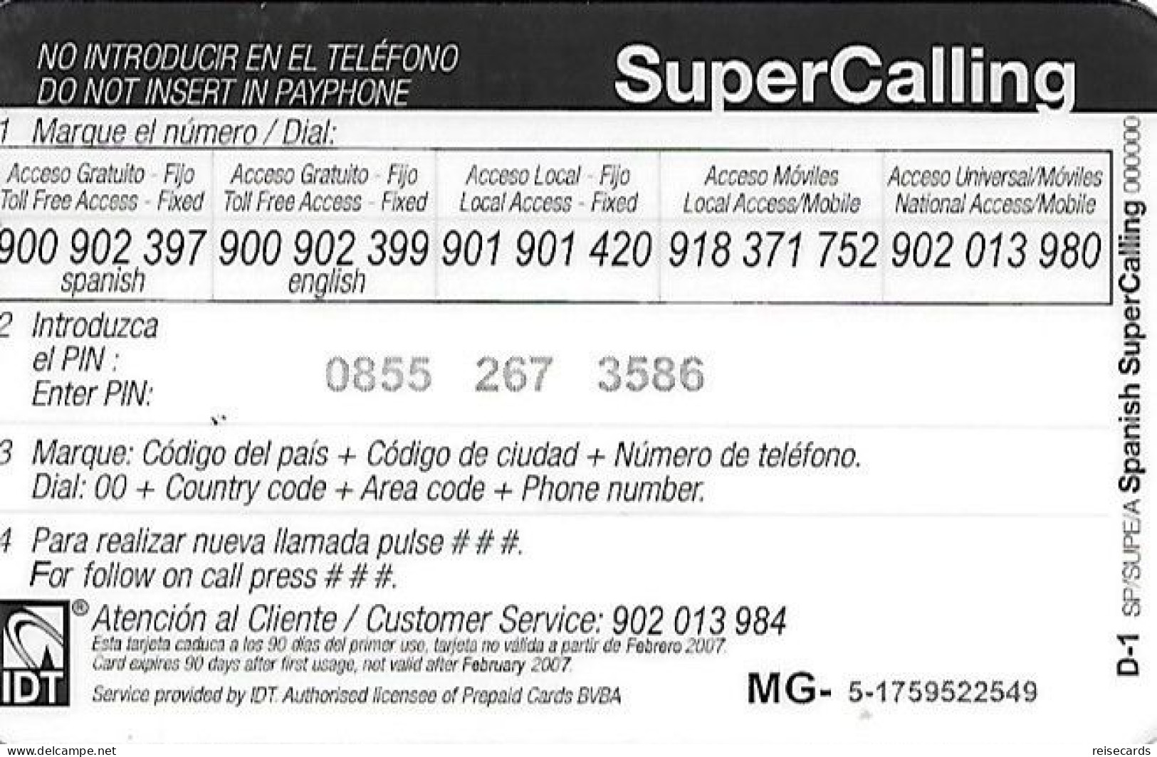 Spain: Prepaid IDT - SuperCall € 5 02.07 - Andere & Zonder Classificatie