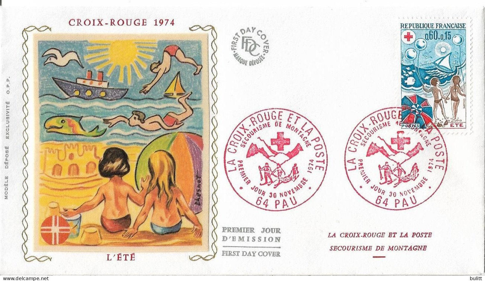 FRANCE - FDC - CROIX ROUGE 1974 - L'été - PAU - Sur Soie - 1970-1979