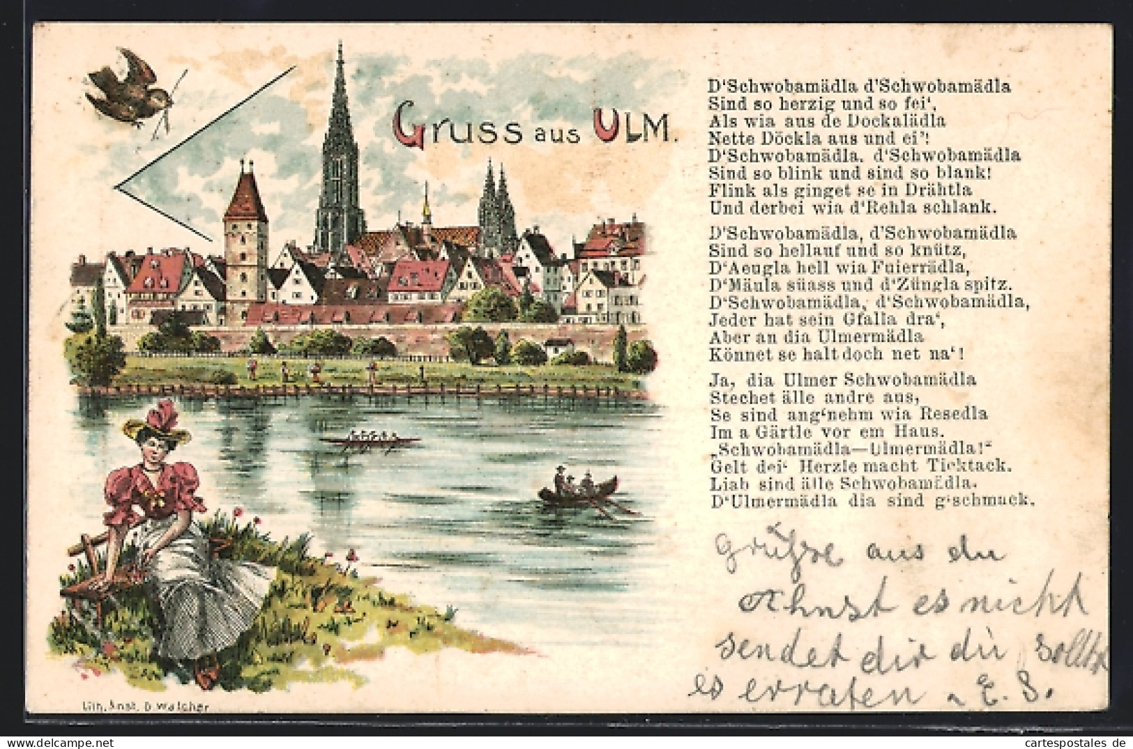 Lithographie Ulm / Donau, Ortsansicht, Frau In Tracht, Ulmer Spatz  - Ulm