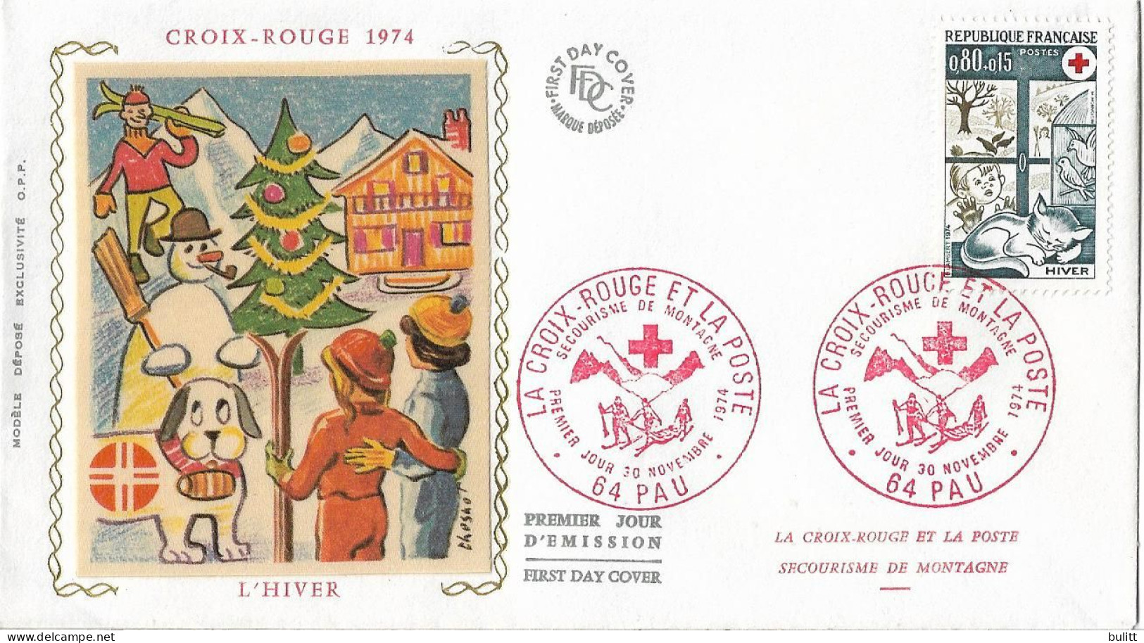 FRANCE - FDC - CROIX ROUGE 1974 - L'hiver - PAU - Sur Soie - 1970-1979