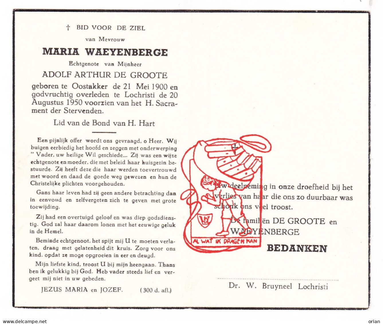 DP Maria Waeyenberge 50j. ° Oostakker Gent 1900 † Lochristi 1950 X Adolf De Groote - Images Religieuses
