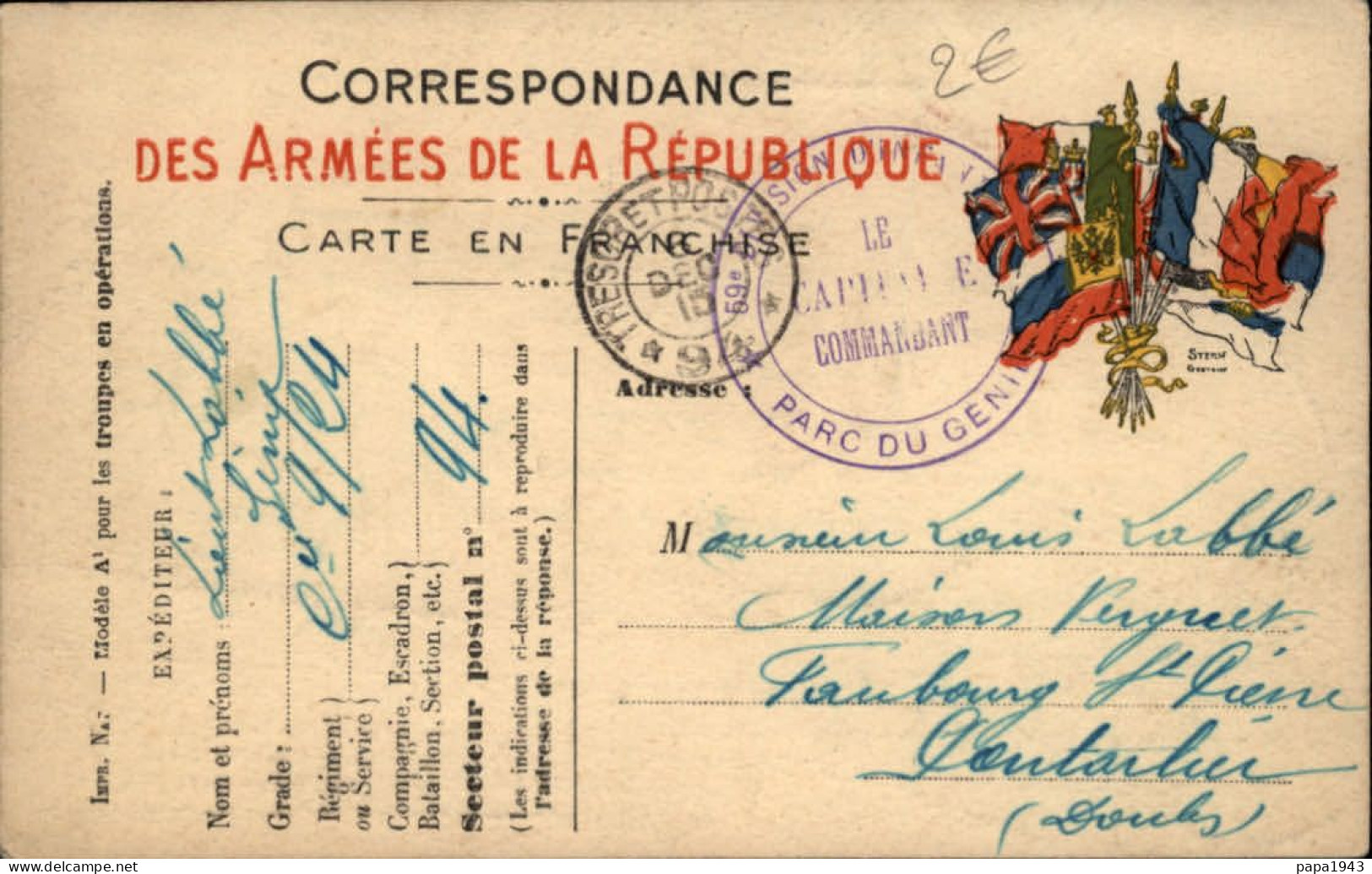 1915  Correspondance Armées De La République  S P 94  Cachet  " 59° Division PARC DU GENIE " Envoyée à PONTARLIER - Lettres & Documents