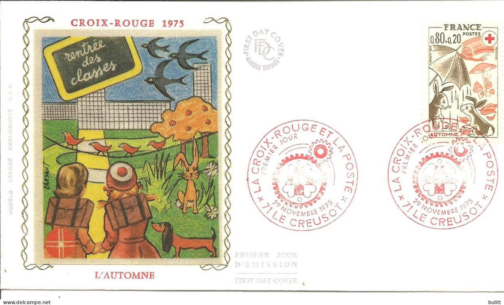 FRANCE - FDC - CROIX ROUGE 1975 - L'automne - LE CREUSOT - Sur Soie - 1970-1979
