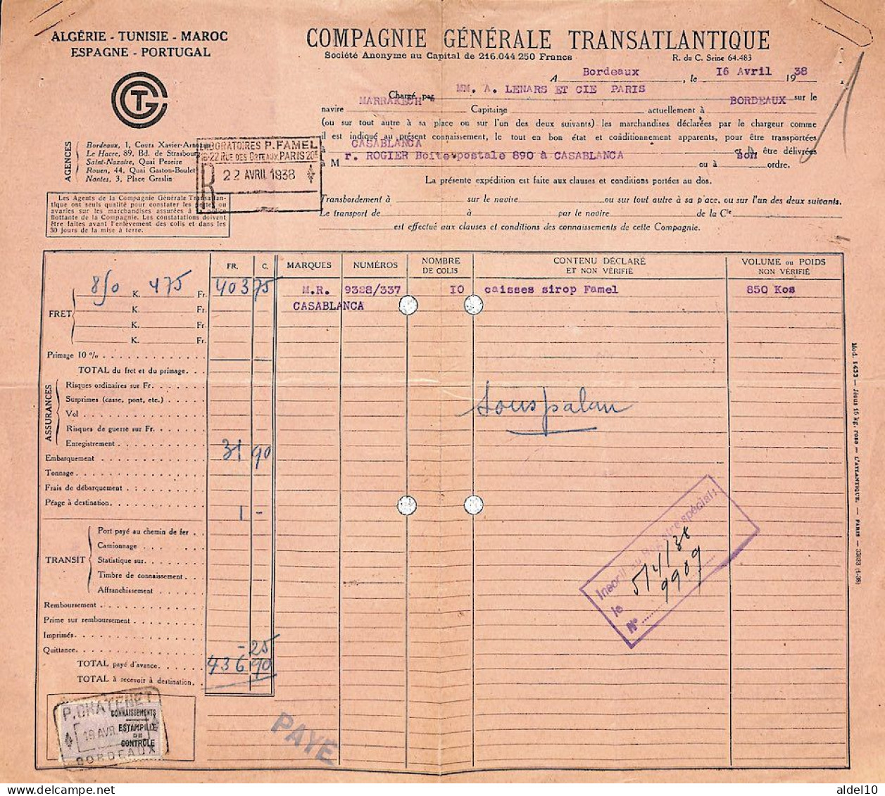 Connaissement De Bordeaux Pour Casablanca 1938 Avec Estampille De Contrôle Lilas Clair - Covers & Documents