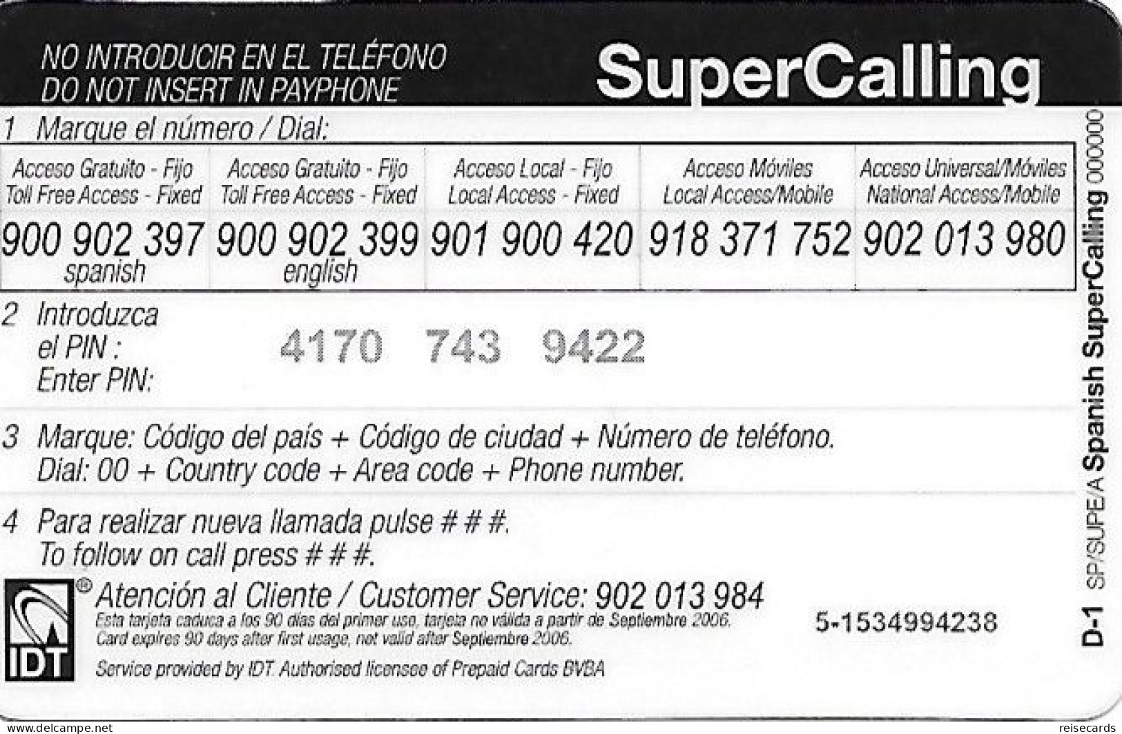Spain: Prepaid IDT - SuperCall € 5 09.06 - Andere & Zonder Classificatie