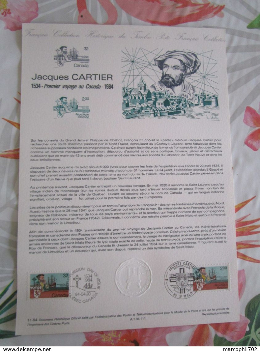 Document Officiel Jacques Cartier 20/04/84 - Documents De La Poste