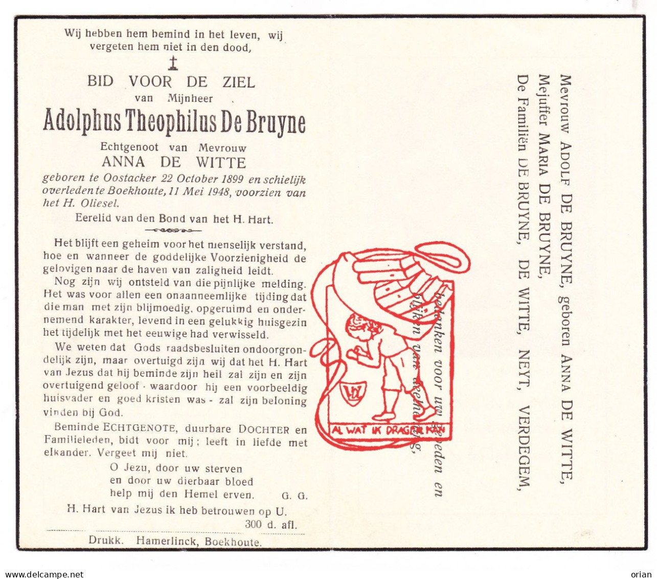 DP Adolphus De Bruyne 48j.° Oostakker Gent 1899 † Boekhoute Assenede 1948 X Anna De Witte // Neyt Verdegem // G. Gezelle - Devotieprenten