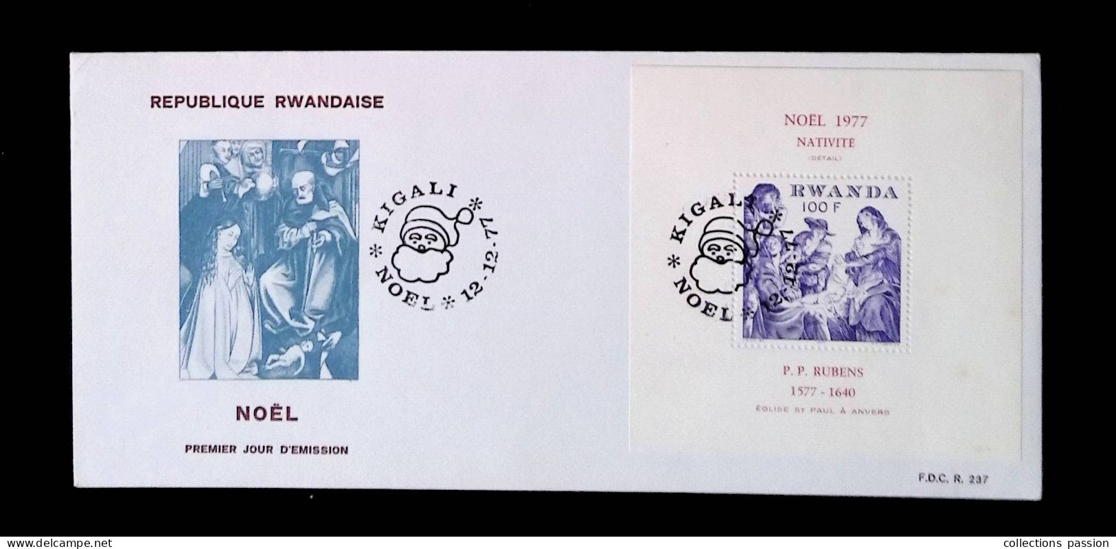 CL, FDC, Premier Jour, République Rwandaise, Rwanda, Kigali, 12-12-1977, Noël, Nativité, Rubens, Bloc, Frais Fr 1.95e - 1970-1979