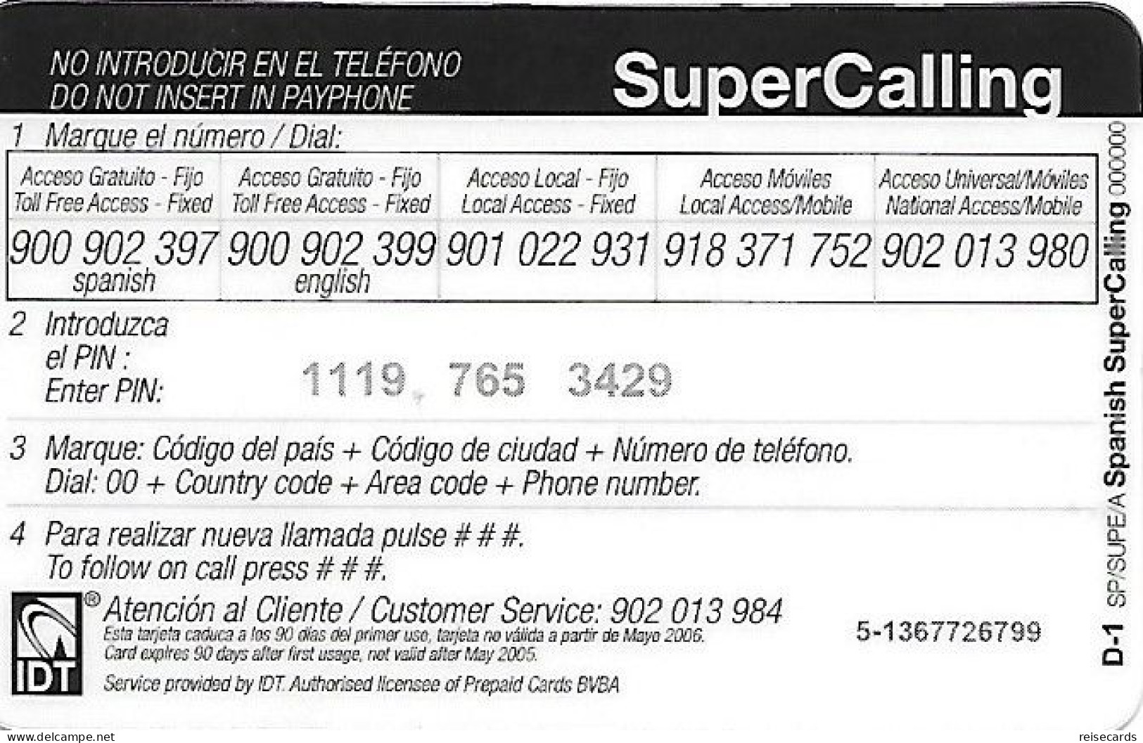 Spain: Prepaid IDT - SuperCall € 5 05.06 - Autres & Non Classés