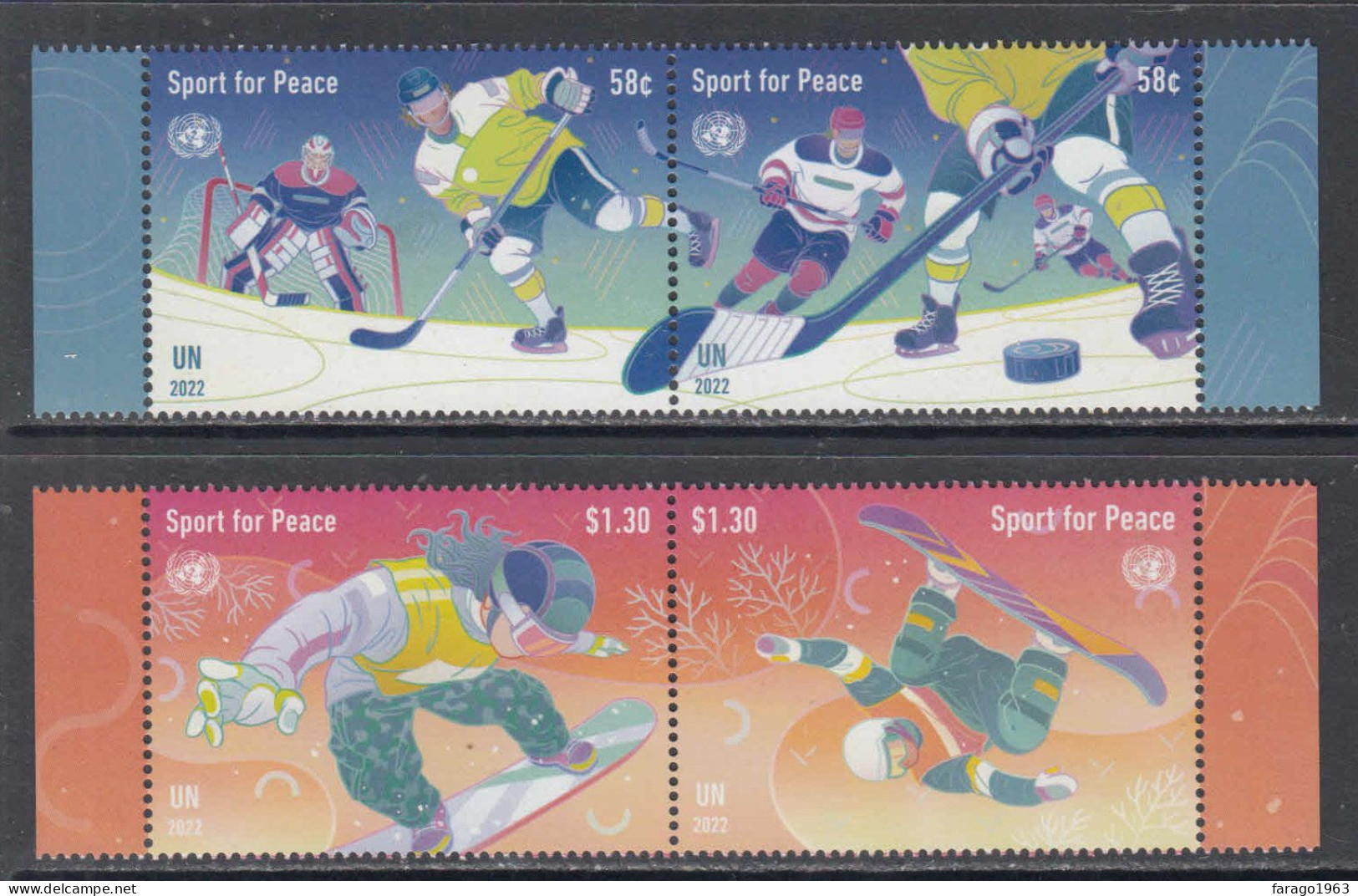 2022 United Nations New York Sports For Peace Ice Hockey Snowboarding Complete Set Of 2 Pairs MNH @ BELOW FACE VALUE - Ongebruikt