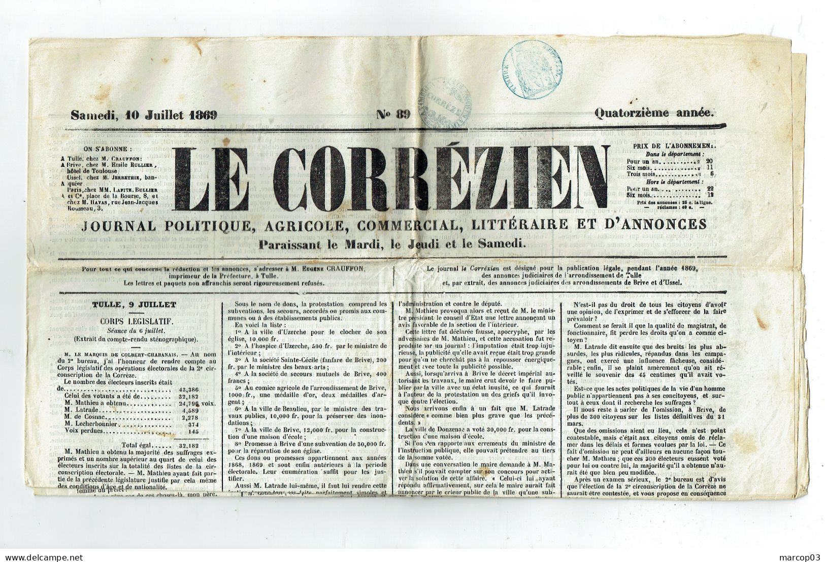 19 CORREZE Journal Le Corréziren Du 10/07/1869 Timbre Bleu 2 C (Fiscal 3c Port Postal 2c) Belle Pièce Journal Complet - Zeitungsmarken (Streifbänder)