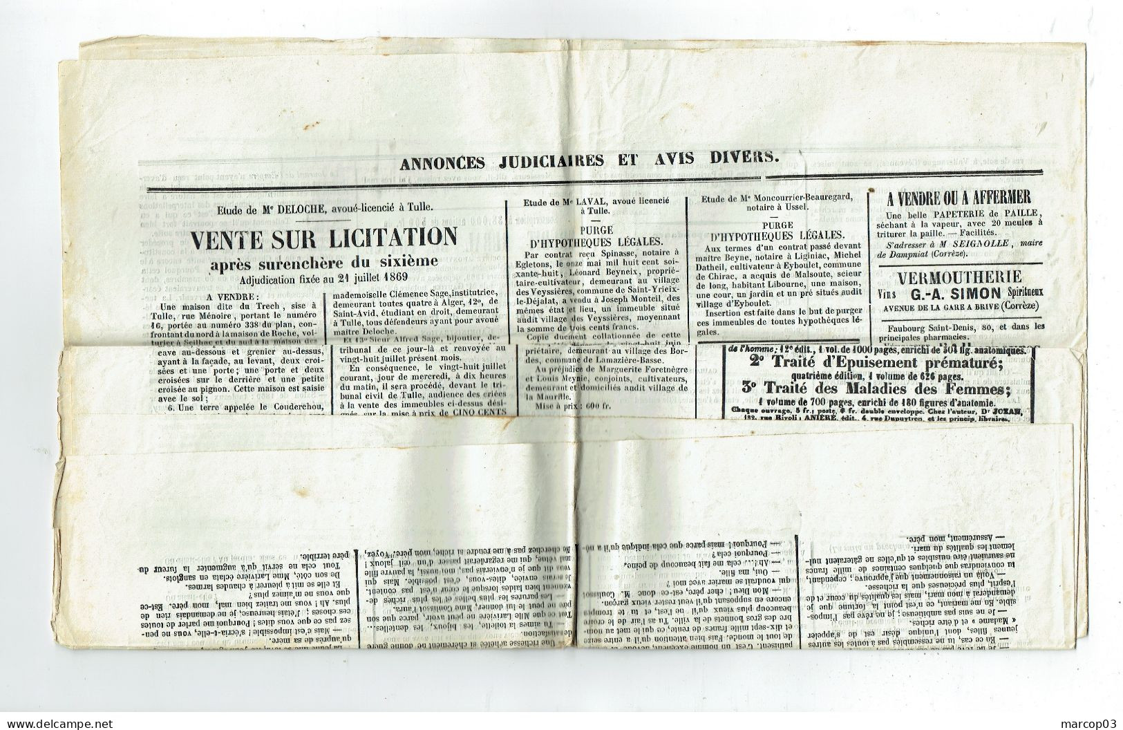 19 CORREZE Journal Le Corréziren Du 10/07/1869 Timbre Bleu 2 C (Fiscal 3c Port Postal 2c) Belle Pièce Journal Complet - Newspapers