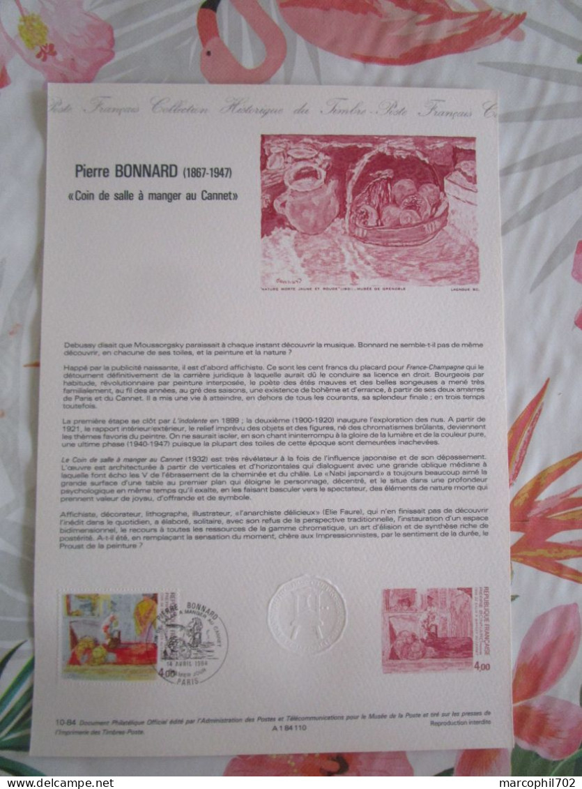 Document Officiel Pierre Bonnard Coin De Salle A Manger Au Cannet 14/4/84 - Documents Of Postal Services