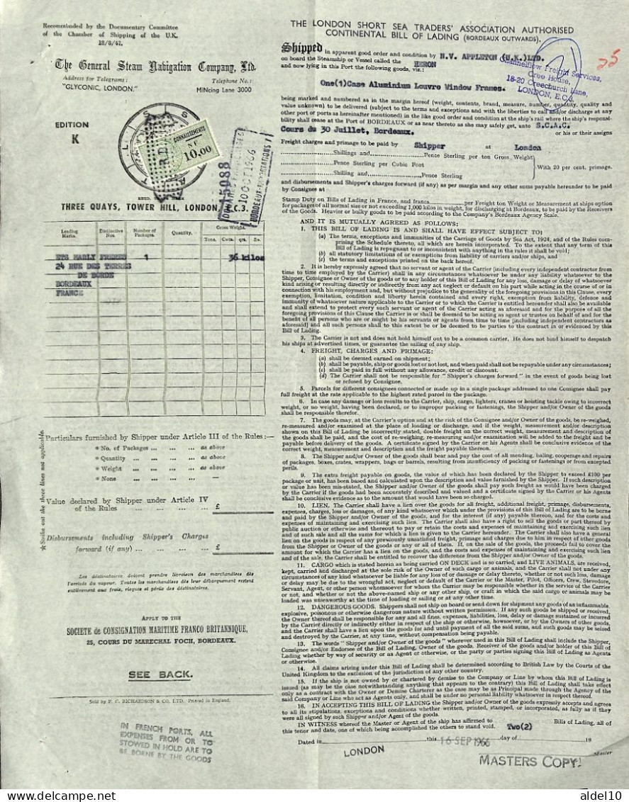 Connaissement De Londres Pour Bordeaux 1966 Avec Timbre 10,00 N F Vert - Lettres & Documents