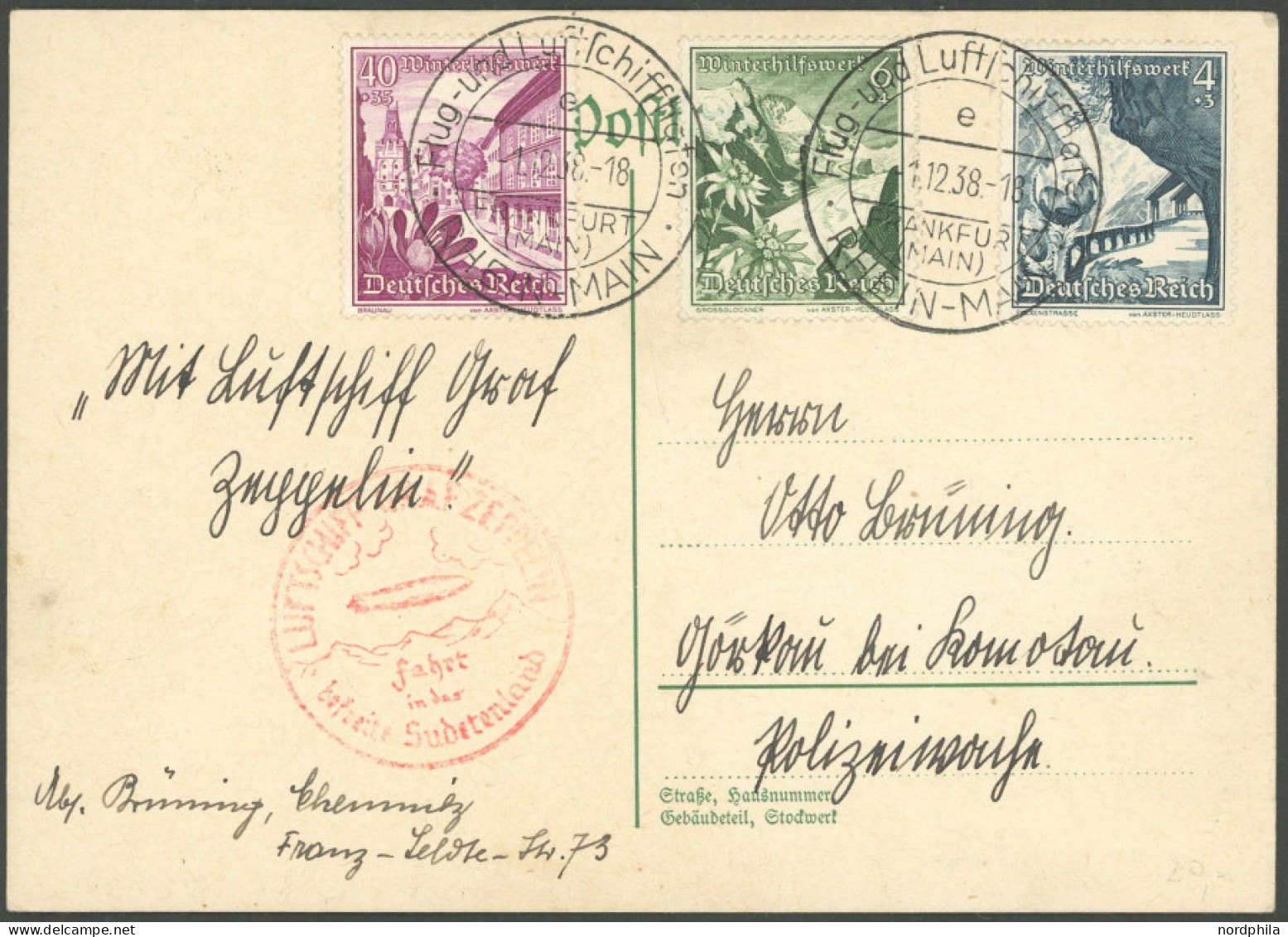 ZEPPELINPOST 456 BRIEF, 1938, Fahrt In Das Sudetenland, Prachtkarte Mit Guter Frankatur - Luft- Und Zeppelinpost