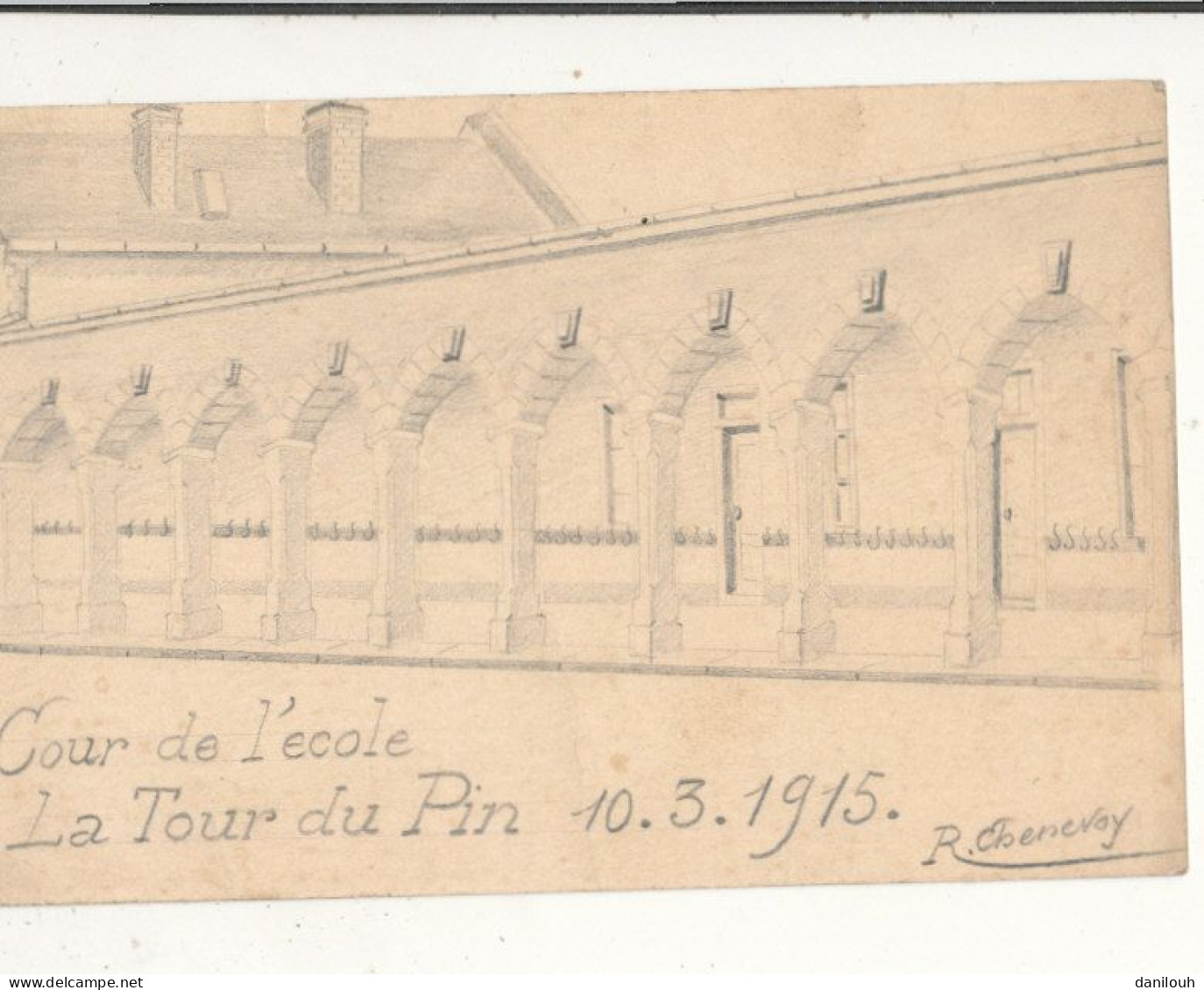 38 // LA TOUR DU PIN    Carte Publicitaire FABRIQUE DE LIQUEURS / BERTHET / Dessin Cour De L'école Signé Chenevoy - La Tour-du-Pin