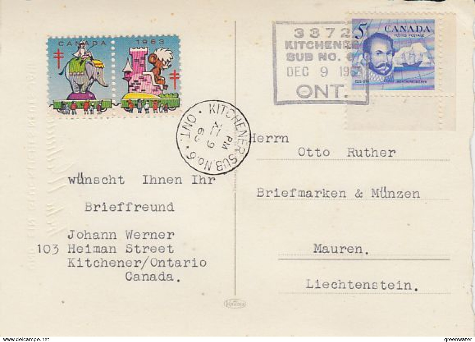 Canada Xmas Card Send To Liechtenstein Ca Kitchener DEC 9 1963(59809) - Stations Scientifiques & Stations Dérivantes Arctiques