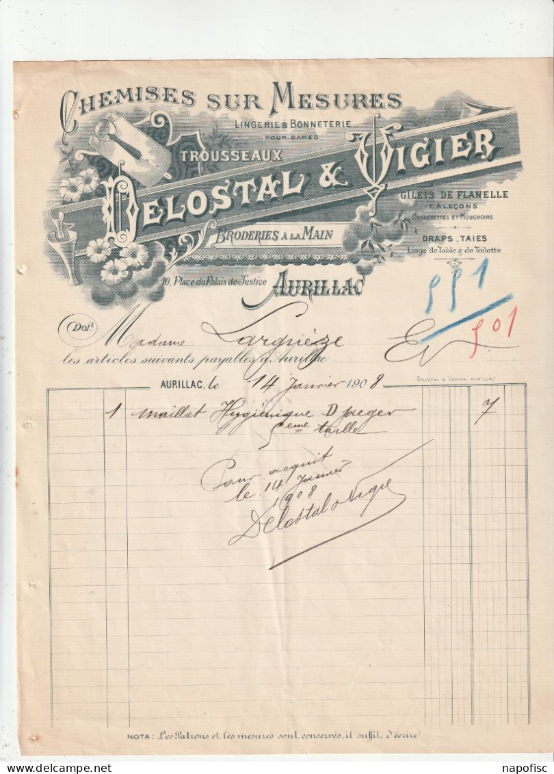 15-Delostal  & Vigier ..Chemises Sur Mesures, Troussseaux, Broderies ...Aurillac...(Cantal)...1908 - Textile & Vestimentaire