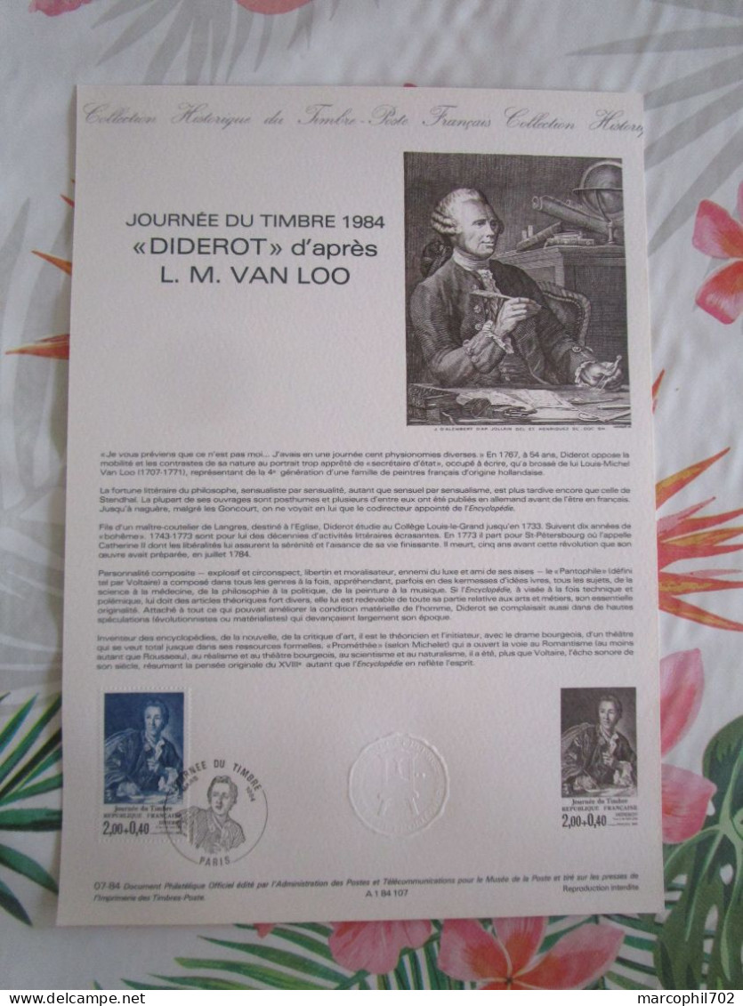 Document Officiel 17/3/84 Journée Du Timbre 84 Diderot L.M VAN LOO - Documents De La Poste