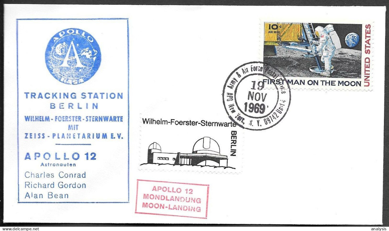 Germany Space Cover 1969. "Apollo 12" Moon Landing. Berlin Tracking Wilhelm Foerster Observatory - Europe
