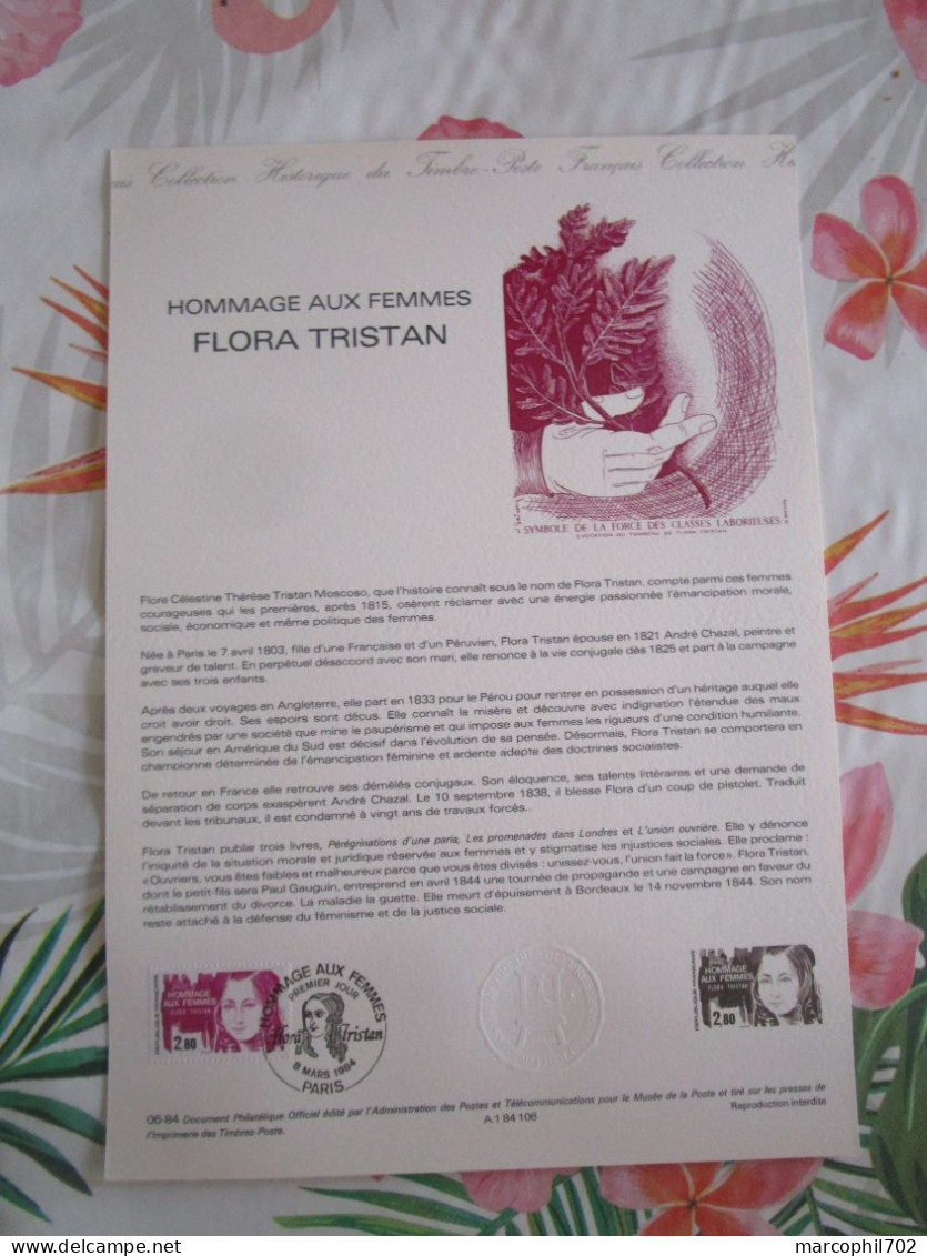 Document Officiel Hommage Aux Femmes Flora Tristan 8/3/84 - Documents De La Poste