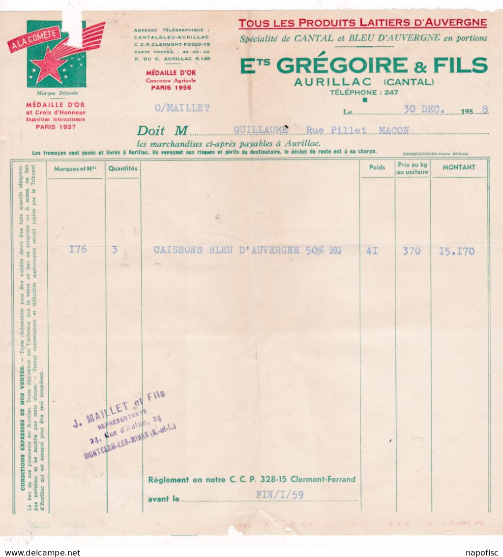 15-Grégoire & Fils..Produits Laitiers D'Auvergne,.. Cantal & Bleus.....Aurillac...(Cantal)...1958 - Food