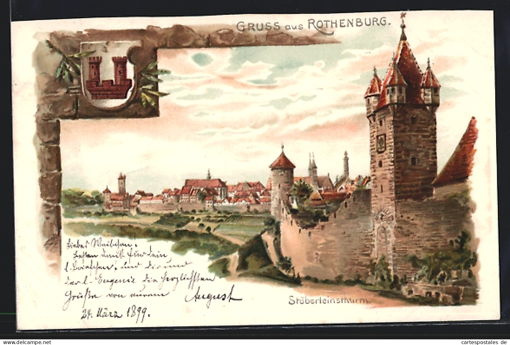 Lithographie Rothenburg / Tauber, Stöberleinsthurm Mit Blick Auf Die Stadt, Wappen  - Rothenburg O. D. Tauber